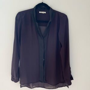 Kenneth Cole Sheer Deep Plum Long Sleeve Blouse Black Collar